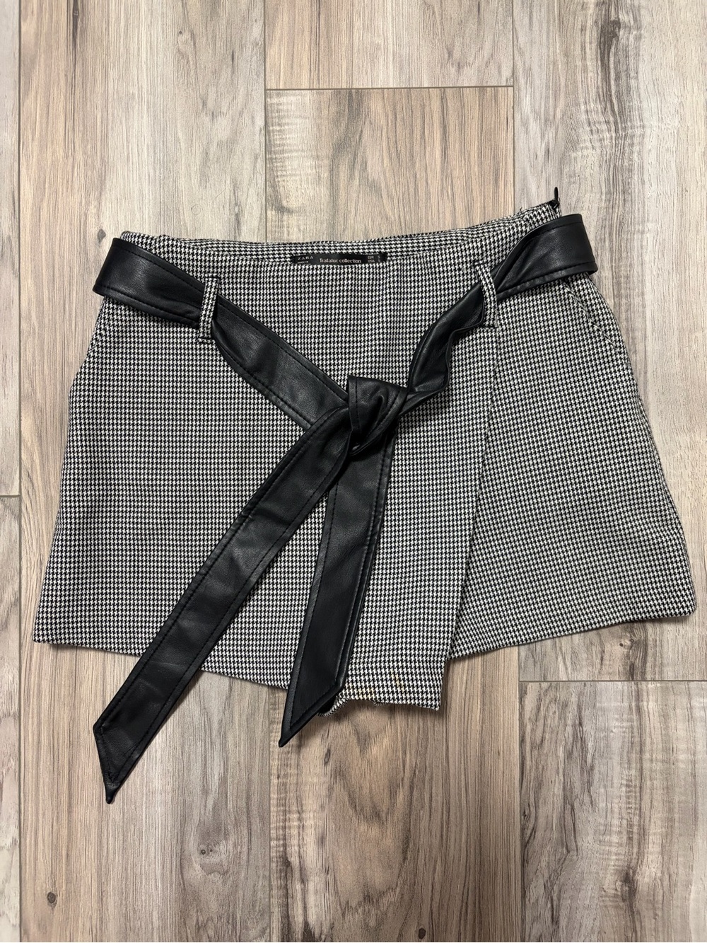 Black & White Houndstooth Mini Skort with Black Tie Belt